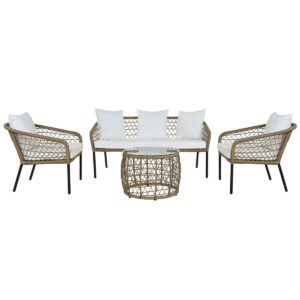 Table Set with 3 Armchairs DKD Home Decor White 137 x 73,5 x 66,5 cm synthetic rattan Steel